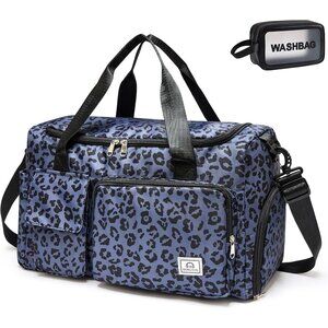 Women Leaopard Grey Small Gym Carry On Weekender Travel Shoe Compartment Bag